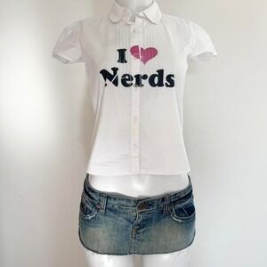 i heart nerds puff sleeve button up blouse
